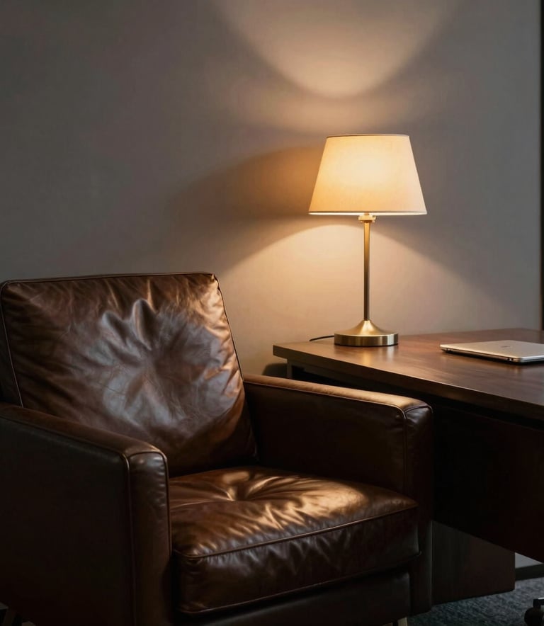 A modern, dark-toned North American office with leather furniture and a soft golden glow from a desk lamp, emphasizing comfort and sophistication.