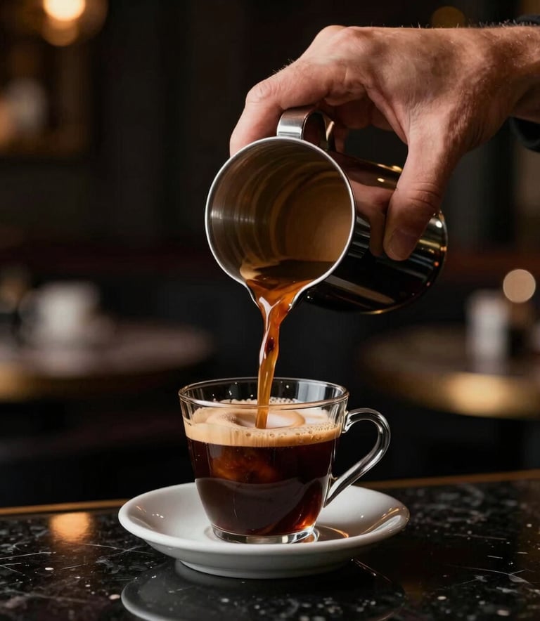 Close up of hands in a sophisticated setting, pouring coffee in a high-end North American club lounge with a palette of deep browns and blacks.
