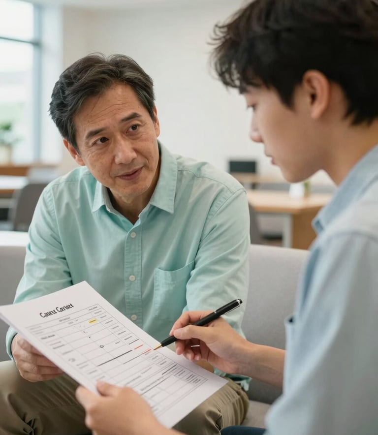 A close-up photograph of a mentor and a student reviewing a career roadmap in a bright, modern North American / US university lounge. The environment is filled with natural light, featuring soft seafoam and cloud white decor. The mood is encouraging and professional.