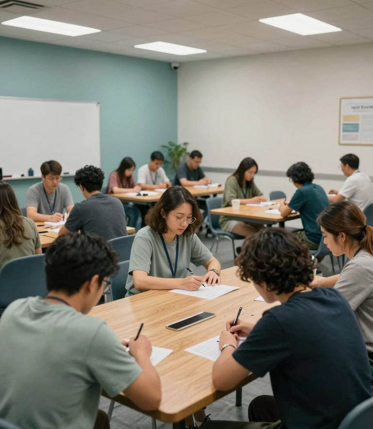 A wide-angle professional photograph of an adult life-skills workshop taking place in a clean, modern North American / US community center. People are engaged in collaborative learning around large wooden tables. The color palette includes muted teal and soft sage accents.