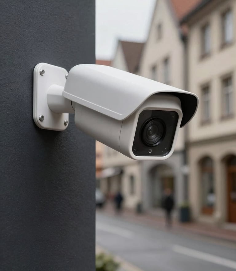 Close-up photography of a sleek, modern security camera in mist white mounted on a dark charcoal wall, soft focus on a background of a classic Alsatian street, professional architectural lighting.