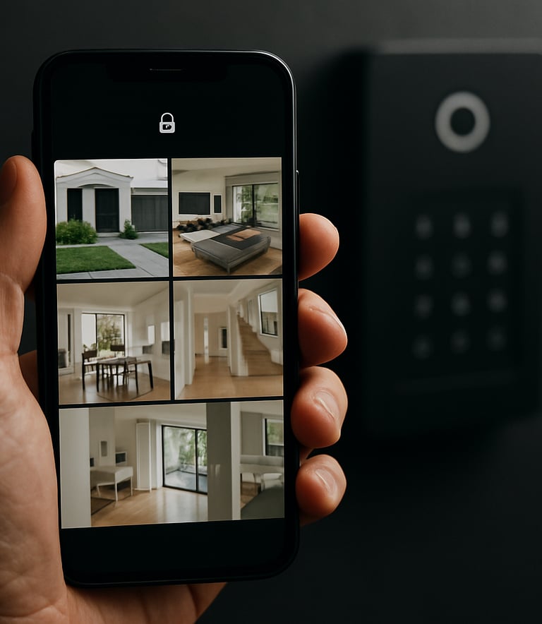 A close-up of a high-end smartphone screen displaying a security app with live camera feeds from a modern house, held by a hand in front of a slightly blurred charcoal colored security hub.