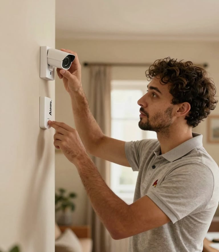 A local artisan wearing a professional polo shirt with a small logo, installing a security device in a warm, welcoming home interior in Alsace.