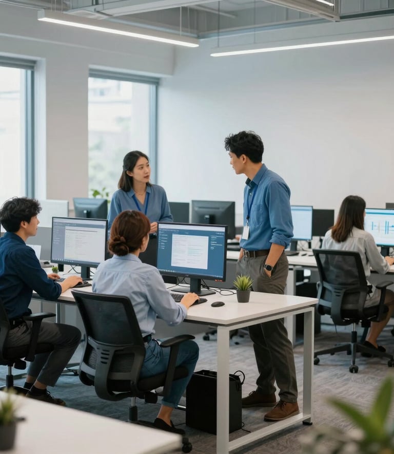 A wide shot of a clean, modern North American office interior with professional tech experts collaborating. The scene is bright and airy, with soft focus on a workspace. Primary colors are Medium Blue and Light Blue.