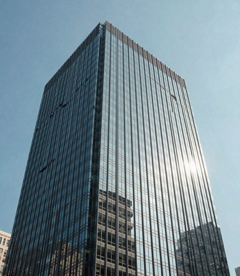 A professional photography of a modern glass skyscraper in a North American business district during a bright, clear day, symbolizing growth and security.