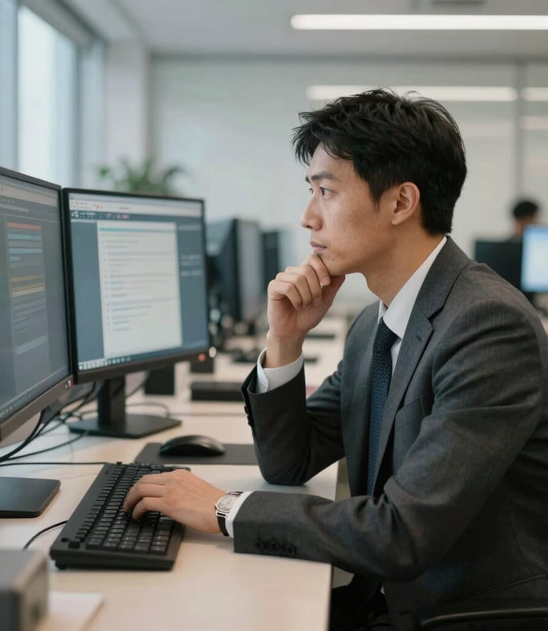 A professional in business attire looking thoughtfully at multiple monitors in a high-tech corporate office in North America, with soft natural light.