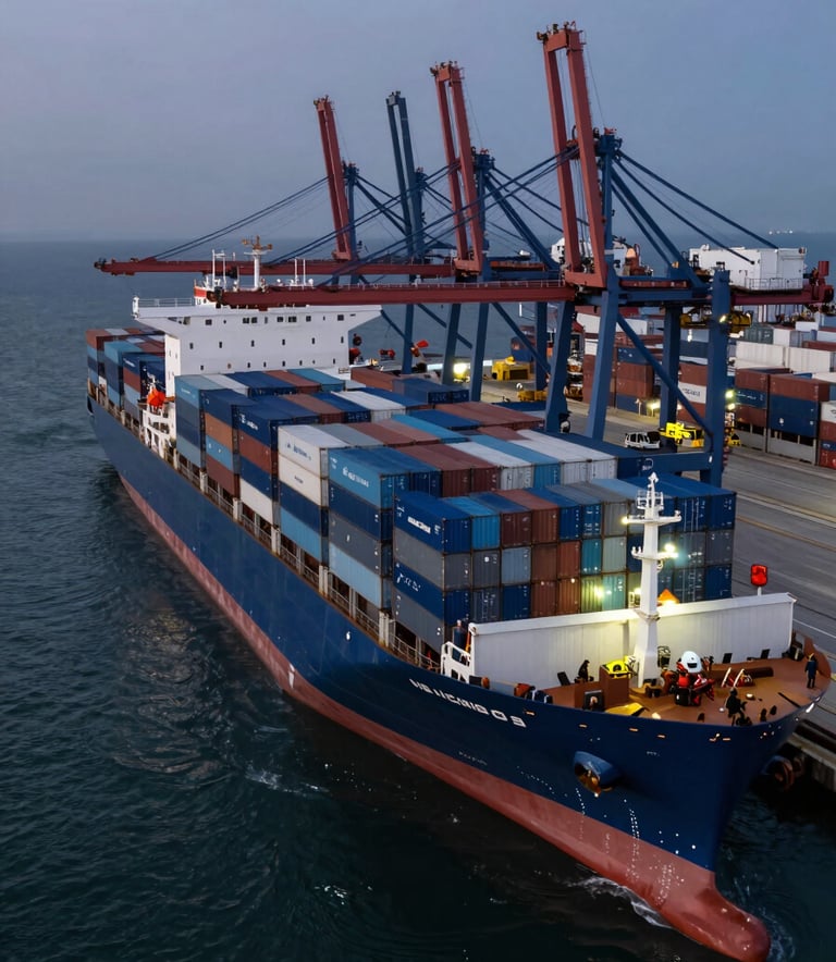 A high-angle shot of a massive container ship being loaded at a high-tech port during dusk. The water is a deep #0F1C2D and the ship and containers feature highlights of #2E475B and #7A92A0.