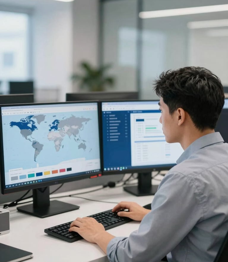 A professional logistics broker in a modern, clean office setting, looking at multiple monitors displaying world maps and cargo tracking data. The lighting is bright and professional, incorporating brand colors #2E475B and #E0E5E8 in the interior design.
