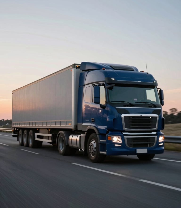 A powerful semi-truck driving on a modern highway at dawn, symbolizing motion and reliability. The color scheme emphasizes deep blues #0F1C2D and professional grays #7A92A0. Cinematic lighting with a focus on speed and safety.