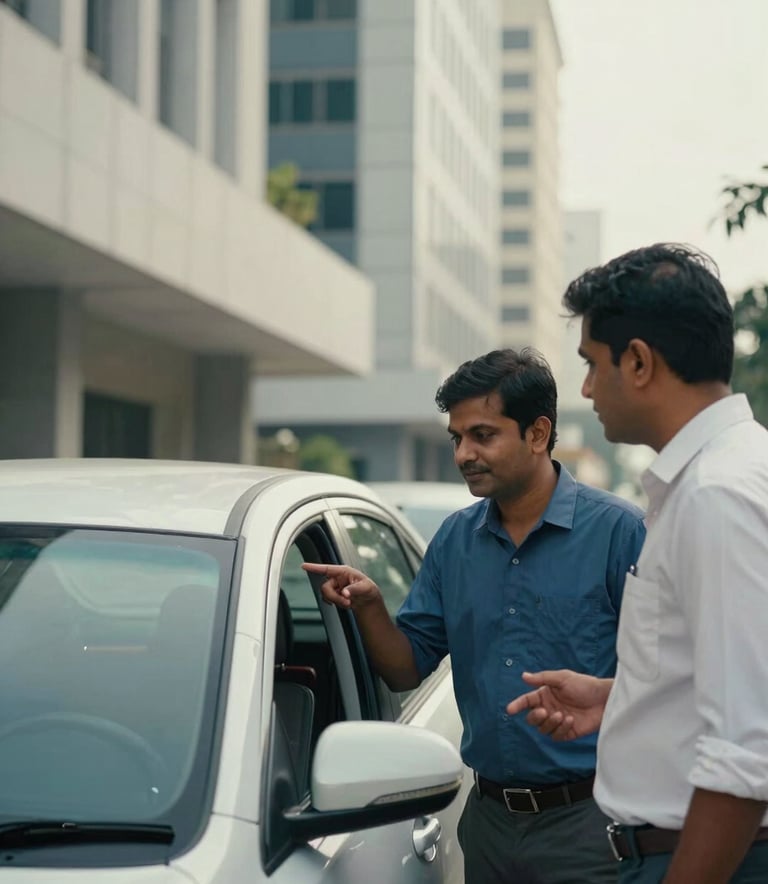 Commuters interacting politely outside a car in a modern South Asian / Indian business district, background of contemporary architecture, soft off-white and dark blue tones.