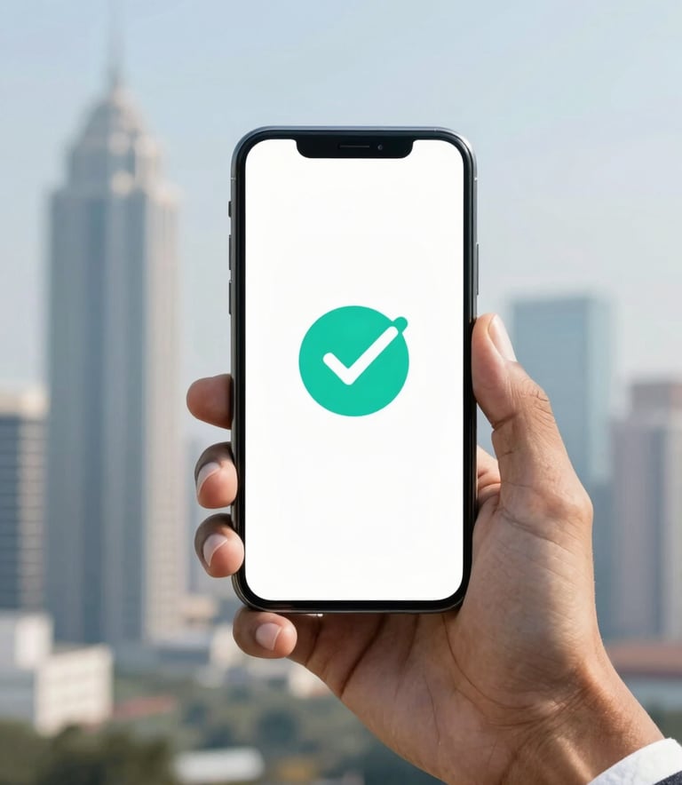 A close-up of a professional's hand holding a sleek smartphone displaying a digital verification checkmark, with a blurred modern South Asian / Indian urban skyline in the background. The lighting is bright and clear, emphasizing trust and tech-savviness, with Ocean Teal and Snow White tones throughout.