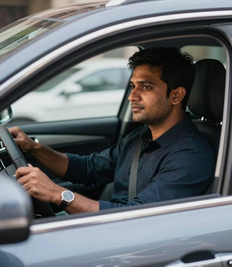 A clean, modern car interior with a professional driver in a South Asian / Indian urban setting, soft daylight, sophisticated and secure atmosphere.