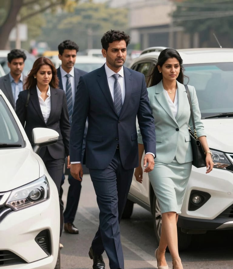 A group of professional commuters, men and women in smart casual attire, entering a clean and modern white car in a sunny South Asian / Indian business district. The scene is full of confidence and reliability, using a palette of Deep Navy and Pale Mist.