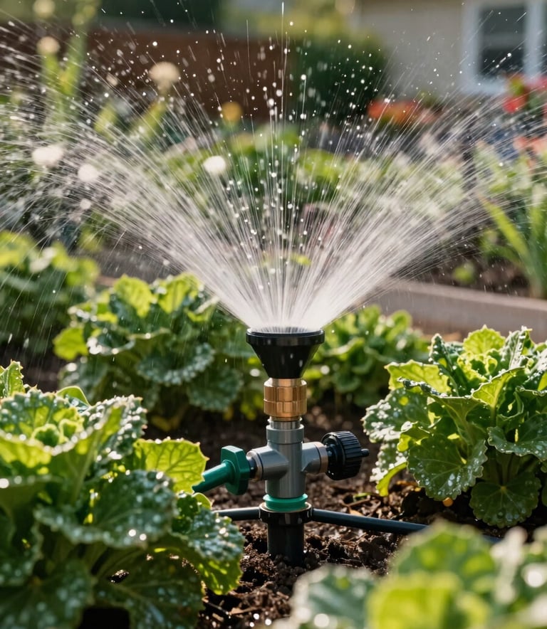 Close-up photography of a precision drip irrigation system watering vibrant flower beds in a North American residential garden, afternoon sun, highlighting water efficiency and healthy plants with deep green tones.