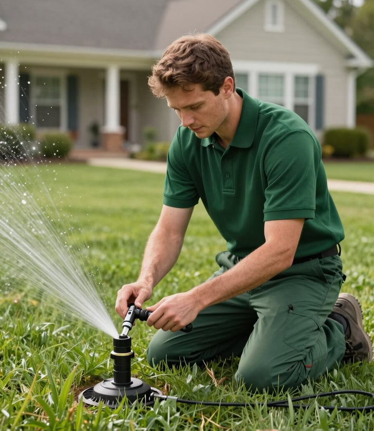 A professional technician wearing a forest green polo shirt and work trousers, kneeling on a lush North American lawn. They are carefully adjusting a modern sprinkler head with a specialized tool. The background shows a well-maintained suburban house.
