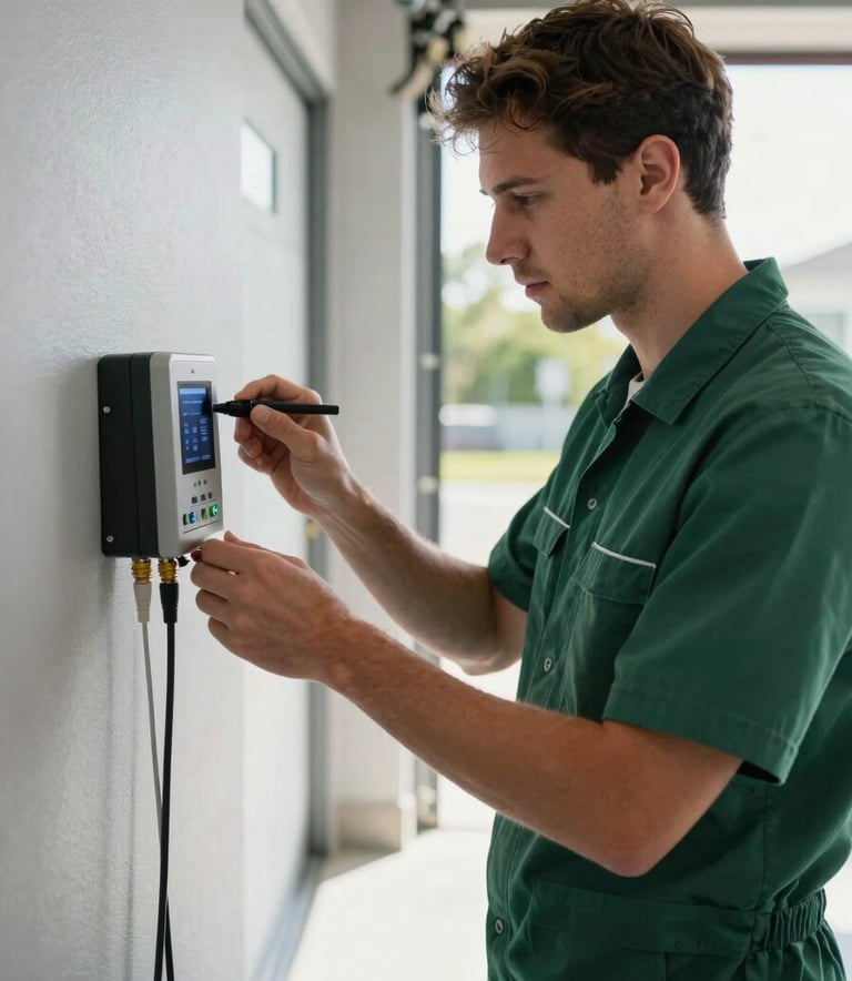 A professional technician in a clean uniform inspecting a smart irrigation controller inside a modern North American garage, morning light, sharp focus, emphasizing expertise and reliability, using a palette of deep greens and soft light greys.