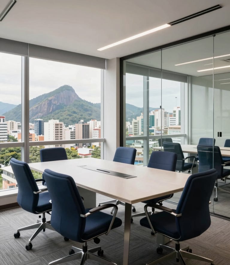 A wide shot of a modern and bright Brazilian office conference room with glass walls, showcasing professional furniture in shades of navy blue and white, with natural light pouring in from a window overlooking a South American urban landscape.