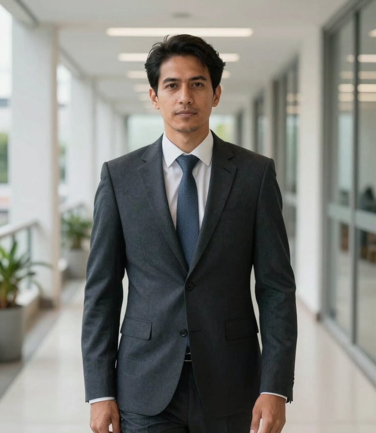A professional in formal business clothing standing in a bright, modern corridor of a corporate building in Imperatriz, Brazil. The composition is clean and focused, projecting credibility and executive leadership.