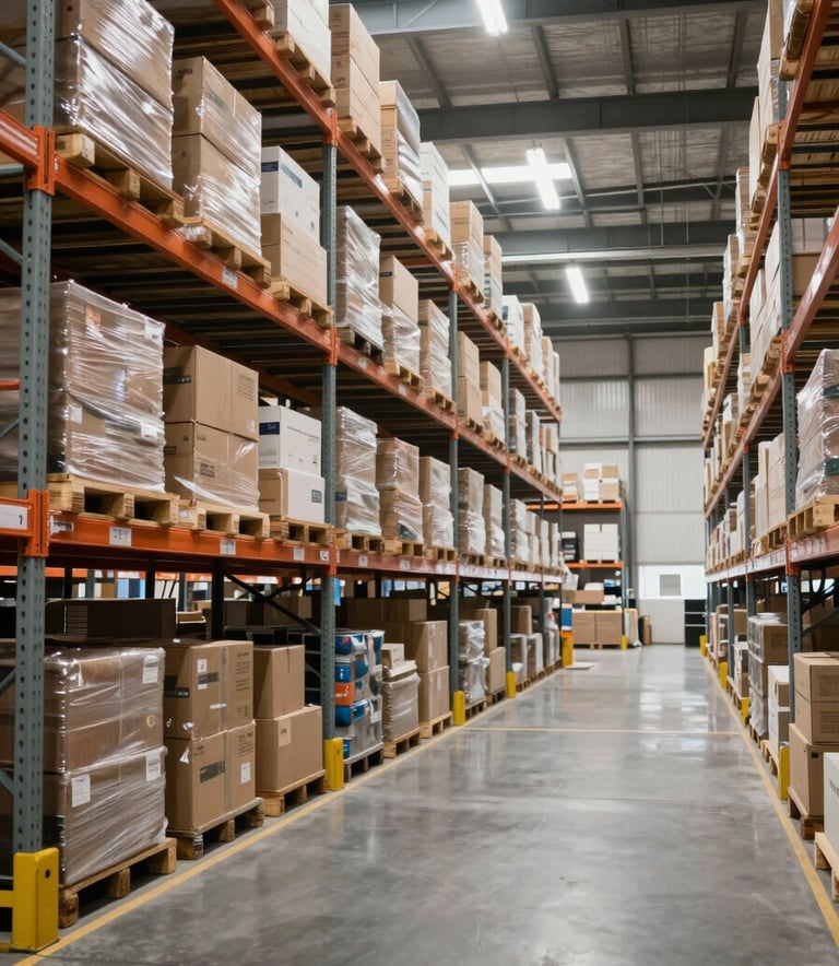 A wide shot of a modern and clean logistics warehouse facility in Brazil, featuring organized shelving and bright, even lighting. The atmosphere is professional and highlights efficient commercial operations.
