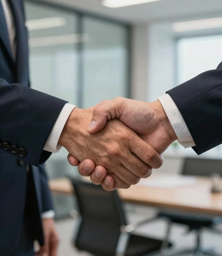 A close-up of a firm handshake between two business professionals in formal attire, capturing a moment of agreement in a well-lit modern office in Brazil, using a clean and professional photography style with a shallow depth of field.