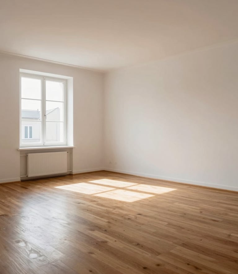 Photography of a spacious, completely empty living room with clean off-white walls and polished wooden floors in a European apartment. Sunbeams entering through a large window.