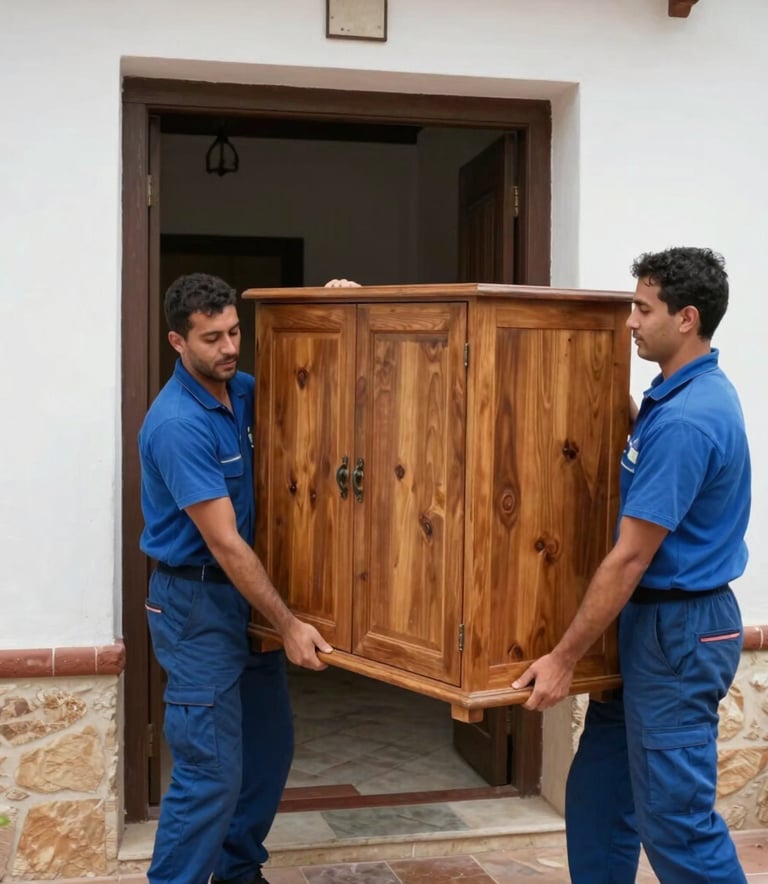 Photography of two professional workers in steel blue uniforms carrying a large wooden cabinet carefully through a doorway in a Spanish house. Natural light, professional atmosphere, European / Spanish setting.