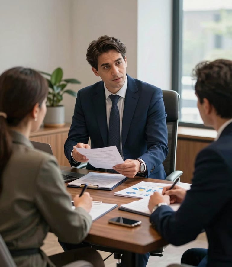 A professional and elegant meeting in a European Portuguese office. A consultant in a midnight blue suit discusses financial documents with clients. The atmosphere is trustworthy and elite, with soft light and premium furniture.