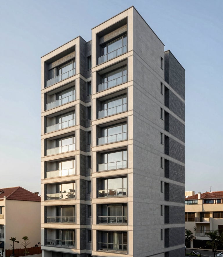 A high-end modern residential building in a sophisticated European Portuguese neighborhood. The photography is clean and bright, emphasizing architecture with sharp lines, slate gray details, and soft golden hour sunlight.