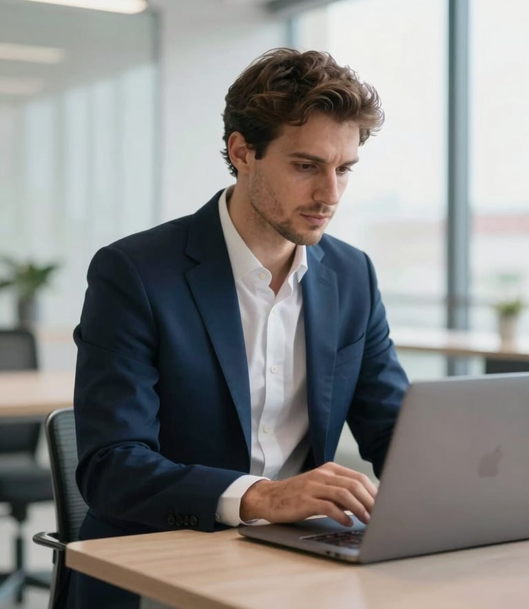A focused professional financial consultant in a tailored midnight blue suit working on a sleek laptop in a bright, modern office in Lisbon, European Portuguese setting, soft natural lighting, sophisticated elegance.