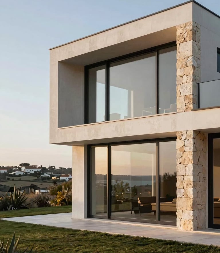 Exterior shot of a luxury contemporary villa in Cascais, Portugal, featuring large windows and stone accents, European Portuguese landscape, premium real estate photography style.