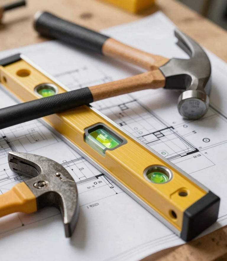 Detailed macro shot of high-quality construction tools, a level and a hammer, resting on a set of architectural blueprints on a wooden workbench, professional lighting, reflecting expertise in a North American setting.