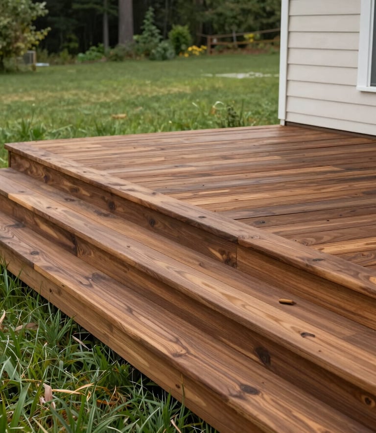 A completed large wooden deck on the back of a North American house. The wood is a deep cedar brown, with clean lines and expert joinery. Lush green lawn in the background, sharp focus.