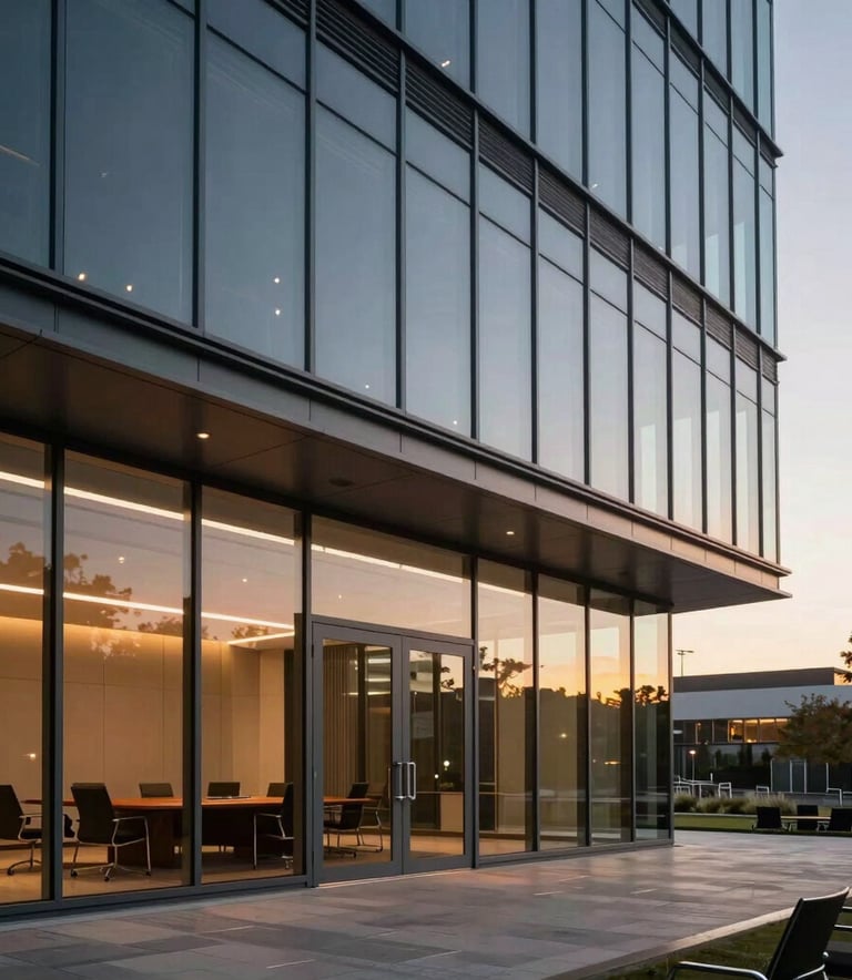 A modern glass-walled conference room in a US corporate building during sunset, with warm lighting and a professional atmosphere.