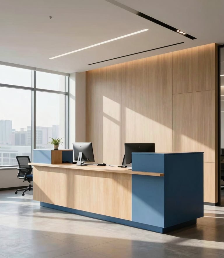 A sleek, professional North American office reception area with high ceilings, minimalist furniture in light wood and steel blue, and soft morning sunlight coming through large windows.