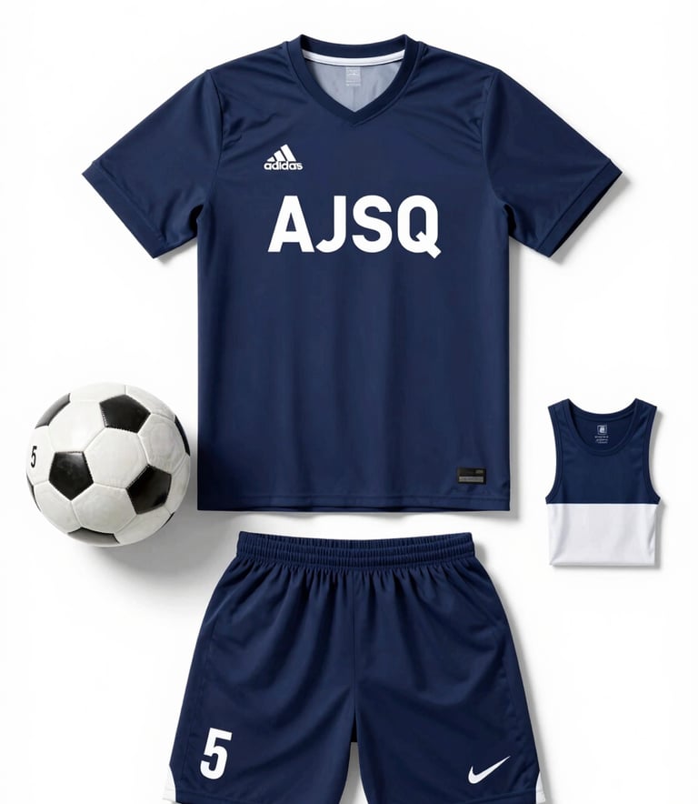 Flat lay of the AJSQ player kit: a professional navy jersey (#1A2B3C), a size 5 soccer ball, and a bib, clean studio lighting, high contrast.