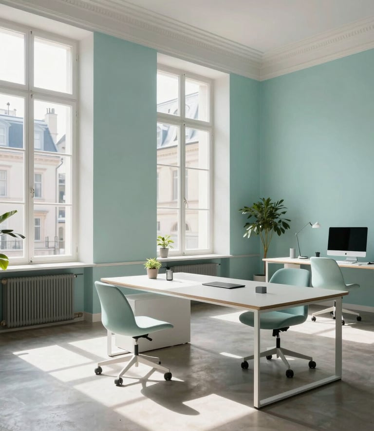 A bright, airy office interior in a historic European building with modern minimalist furniture. Sunlight streams through large windows onto a sleek workspace with pale cyan and slate green accents, symbolizing growth and clarity.