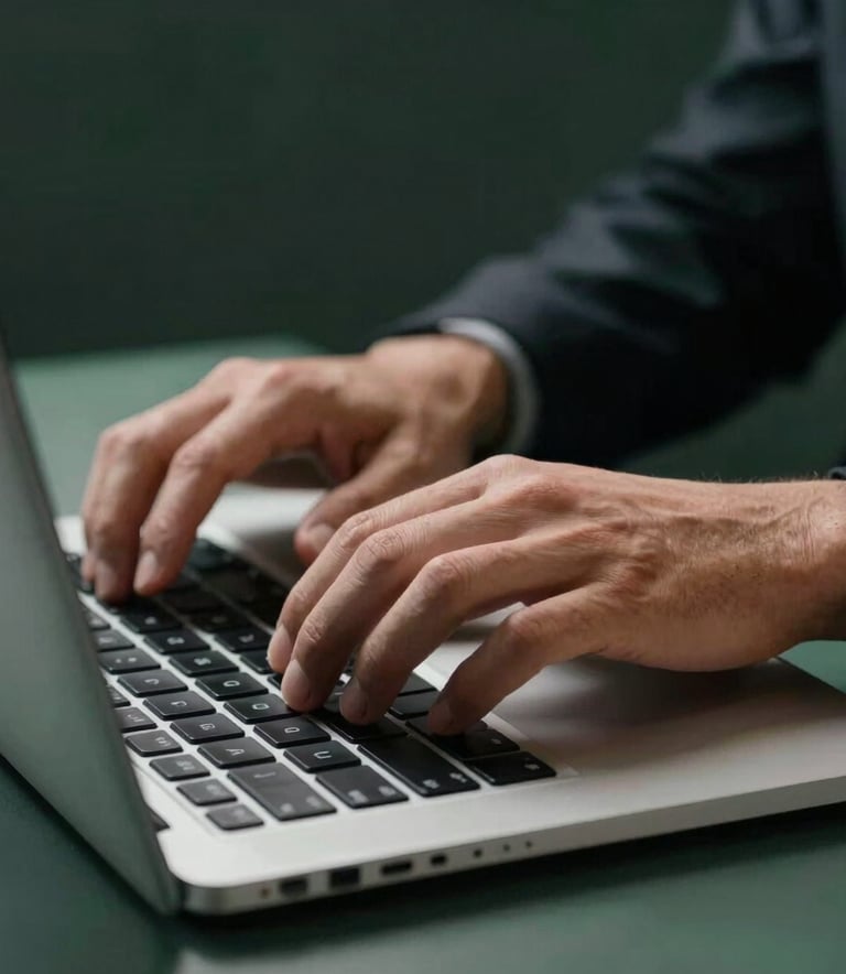 A close-up of a professional's hands typing on a sleek, high-end laptop keyboard in a workspace in Paris. The composition is focused on the interaction with technology, using a palette of dark charcoal and slate green. The lighting is focused and professional, highlighting productivity and precision in a European business setting.