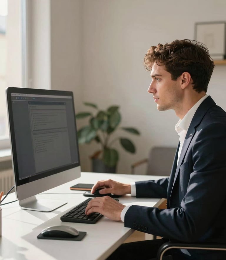 A professional in a business suit working in a sunlit home office in Lyon, looking thoughtfully at a large monitor, clean workspace, contemporary European interior design.