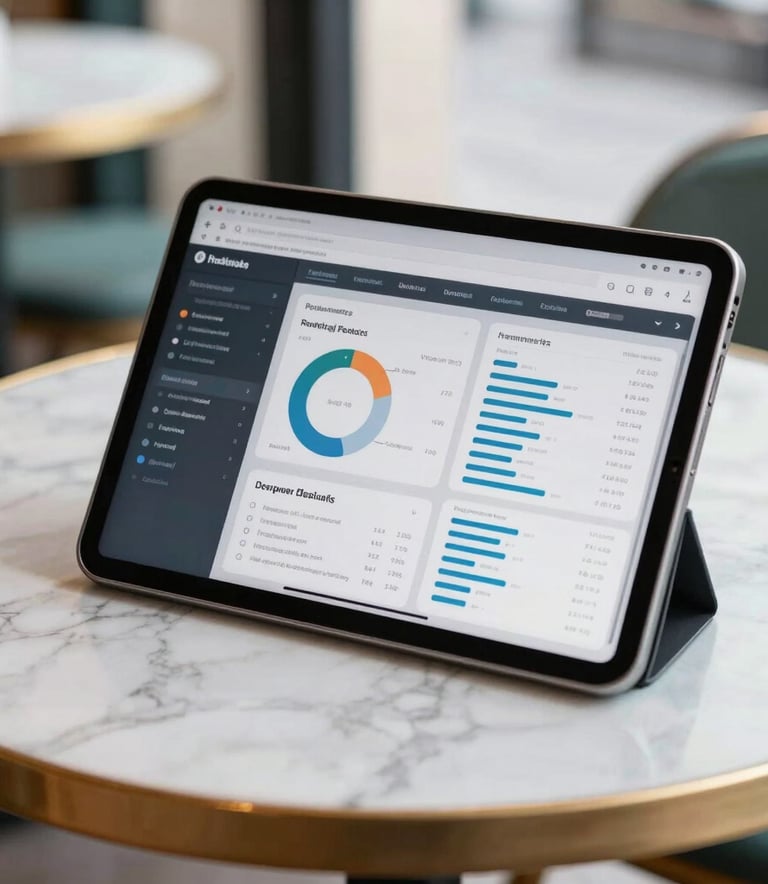 A close-up of a high-end tablet on a marble table in a bright Parisian cafe, showing a professional business dashboard, soft morning light, with a hint of dark slate and light teal tones in the environment.