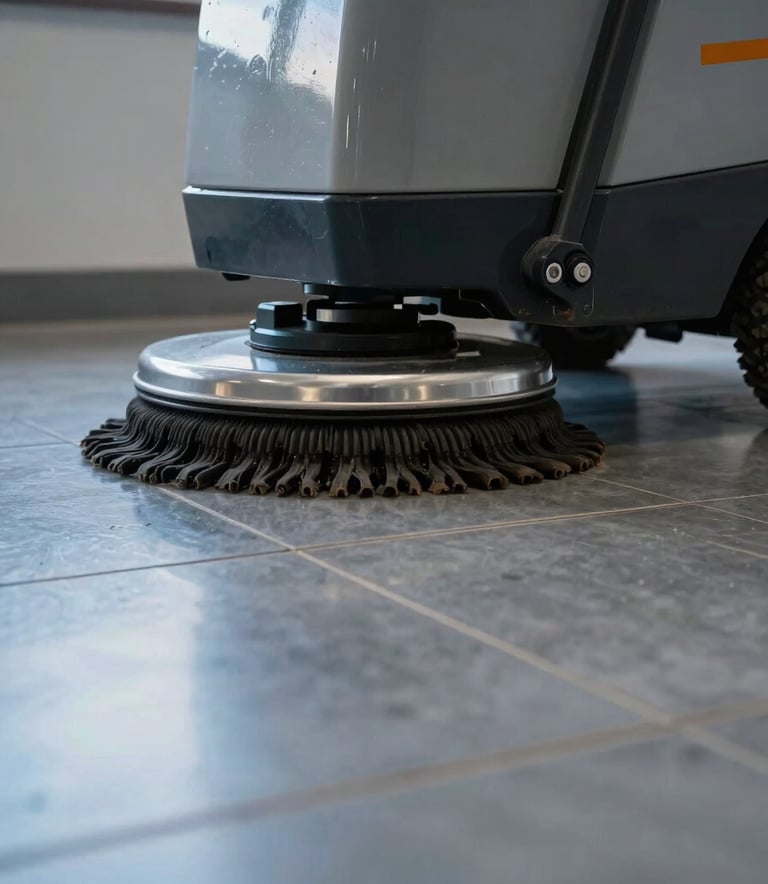 A low-angle photograph of a professional floor cleaning machine being operated on a glossy grey tiled floor, reflecting steel blue and light sky blue light.