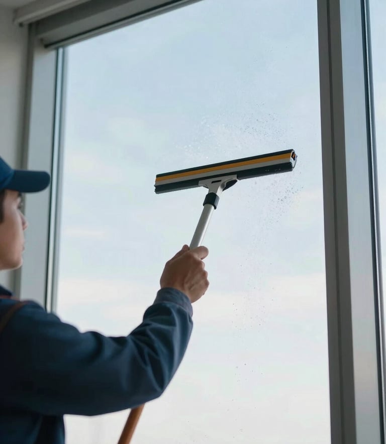 A professional window cleaner using a squeegee on a large pane of glass in a bright, modern office. Soft frost white and pale sky blue reflections are visible on the clear surface. High-key lighting, professional atmosphere.