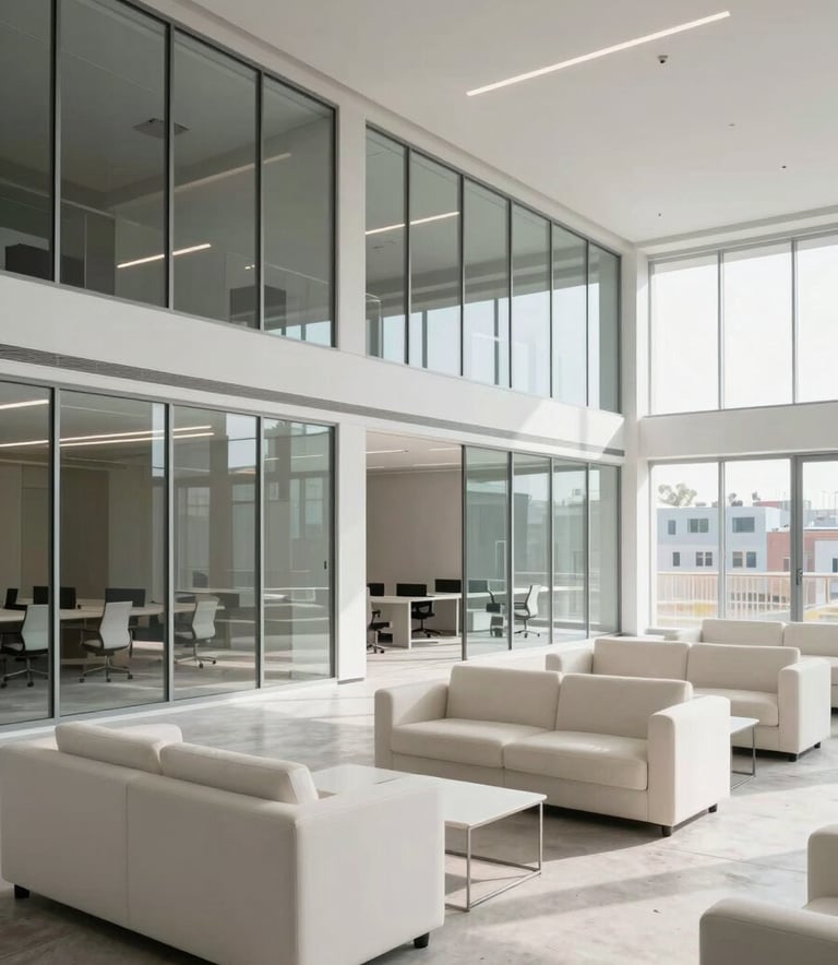 An expansive view of a commercial office suite after a post-construction clean, showing dust-free glass partitions and soft off-white furniture in a modern open-plan layout.