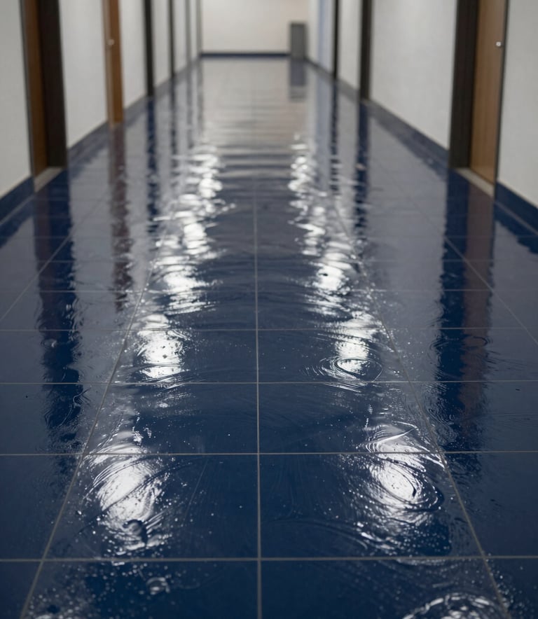 A low-angle shot of a wide, glossy commercial hallway floor that has been freshly stripped and waxed. The dark navy blue tile surface reflects light perfectly. The environment is smooth, open, and immaculate.