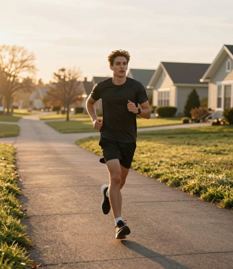 A motivated person jogging along a scenic North American suburban park path at sunrise. The lighting is warm and golden, symbolizing a fresh start and the commitment to a health journey. The style is professional lifestyle photography.