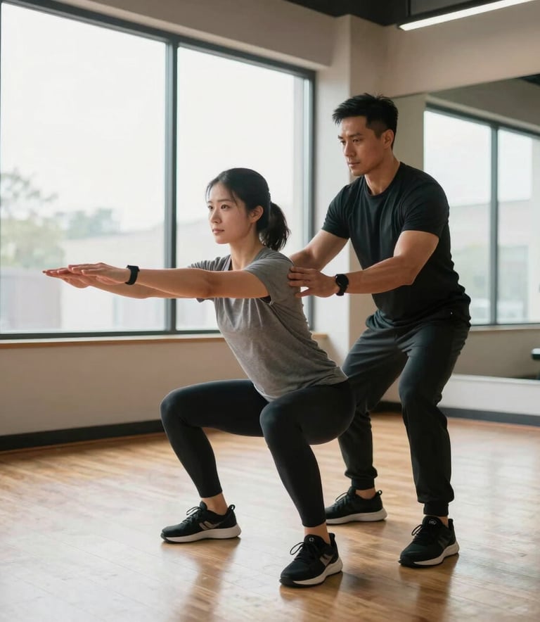 A bright, clean North American fitness studio with a wooden floor and large windows. In the center, a professional coach is guiding a client through a controlled squat movement, demonstrating expert form. The lighting is soft and natural, emphasizing a supportive and empowering atmosphere.