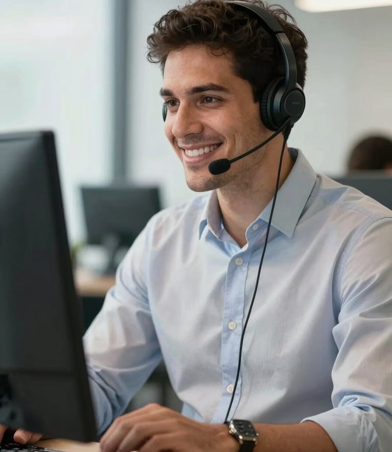 A South American Brazilian professional man wearing a smart-casual shirt and a modern headset, smiling warmly while looking at a computer screen in a bright, contemporary office environment, professional lighting.