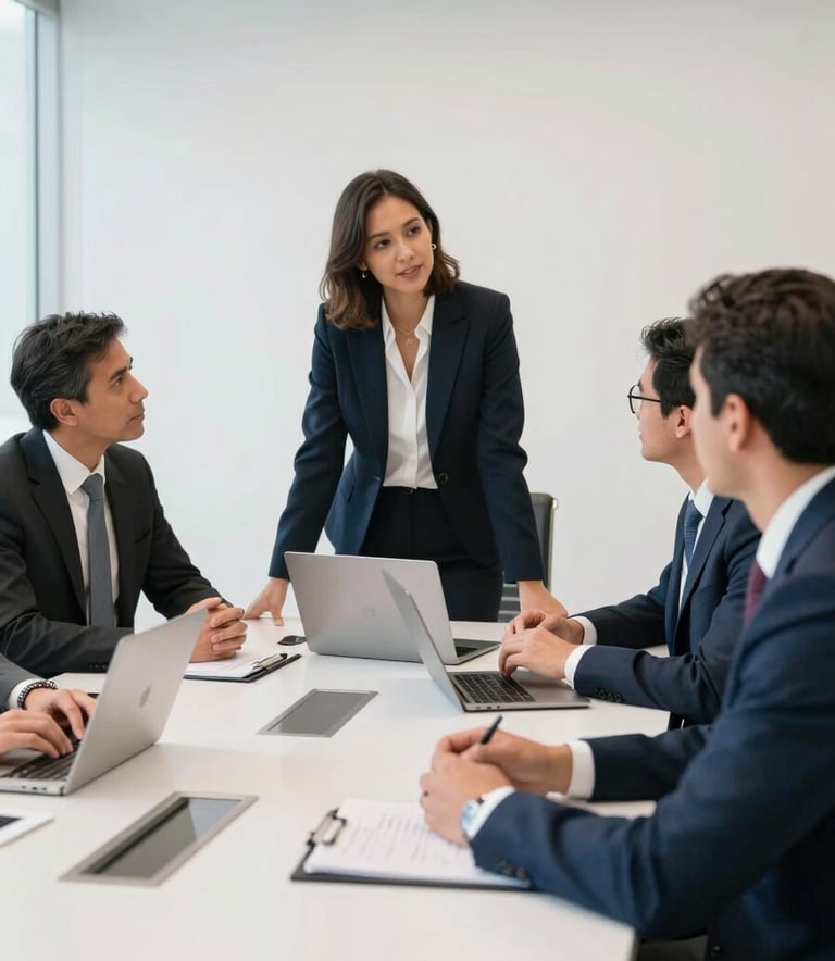 A group of South American financial experts in professional attire working together in a bright, modern corporate meeting room. Clean lines and Pearl White background colors.
