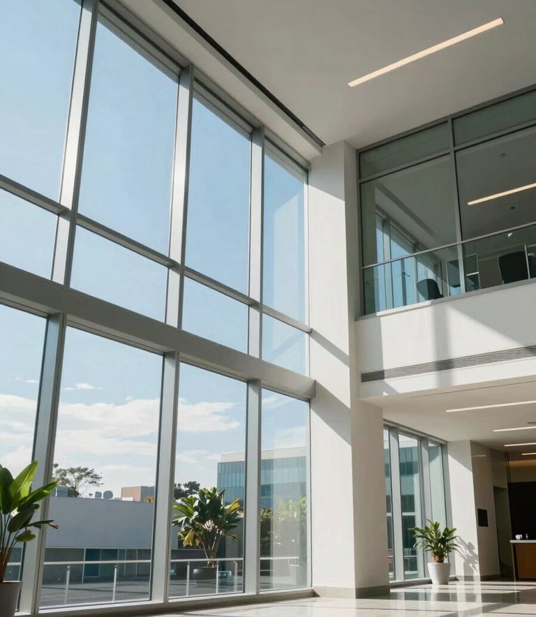A clean, modern South American office building lobby with high glass windows and sunlight, reflecting a professional and secure atmosphere. Soft Sky Blue and Pearl White accents in the environment.