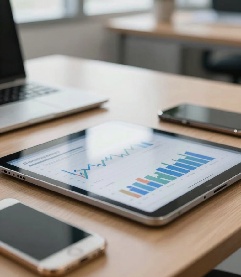 Detailed close-up of a professional desk in a South American Brazilian office setting, showing a digital tablet with financial graphs and a smartphone, soft focus on a background office scene, bright and airy lighting.