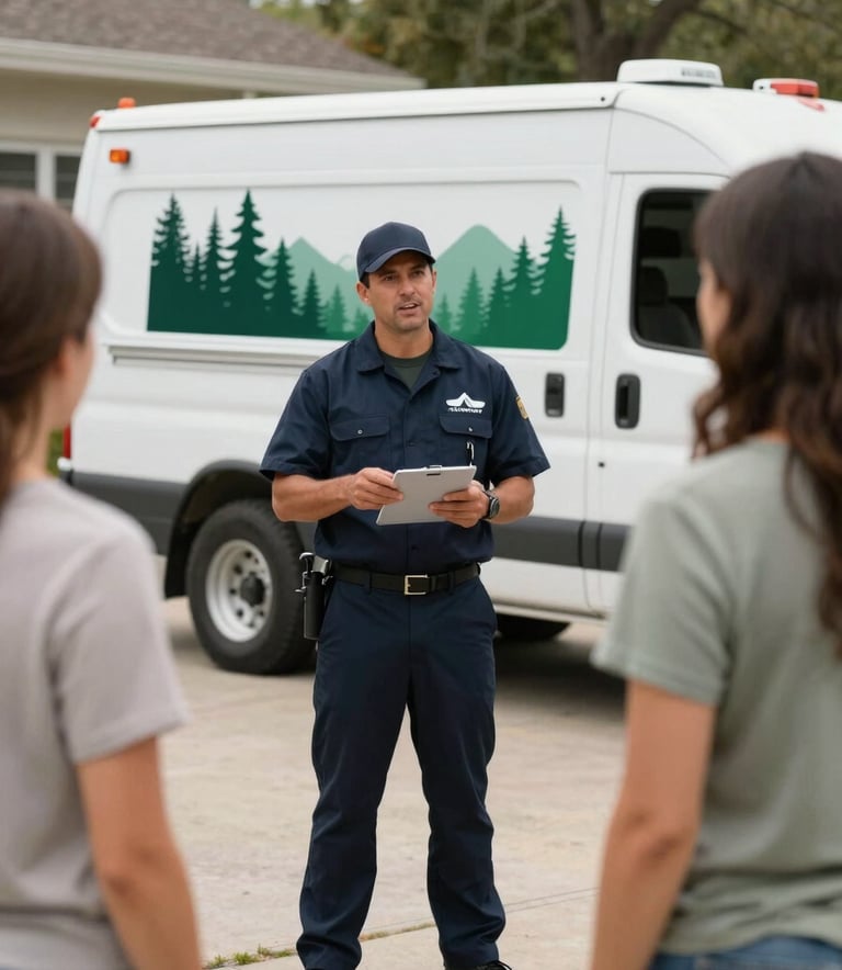 A professional pest control technician in uniform speaking with a homeowner in a North American / US residential driveway. In the background, a clean white service vehicle features a dark forest green brand logo. The lighting is clear and professional.